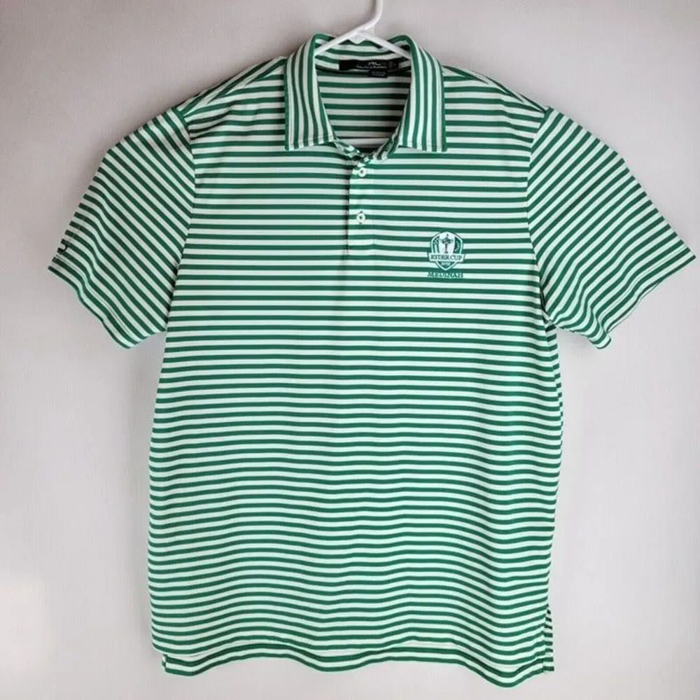RLX Ralph Lauren Mens Size Large Green Golf Striped Ryder Cup 2012 Logo Polo